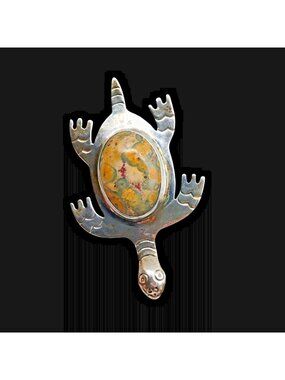 Large Vtg Sterling Silver Leopard Jasper Sea Turtle Brooch Pin 14.7g